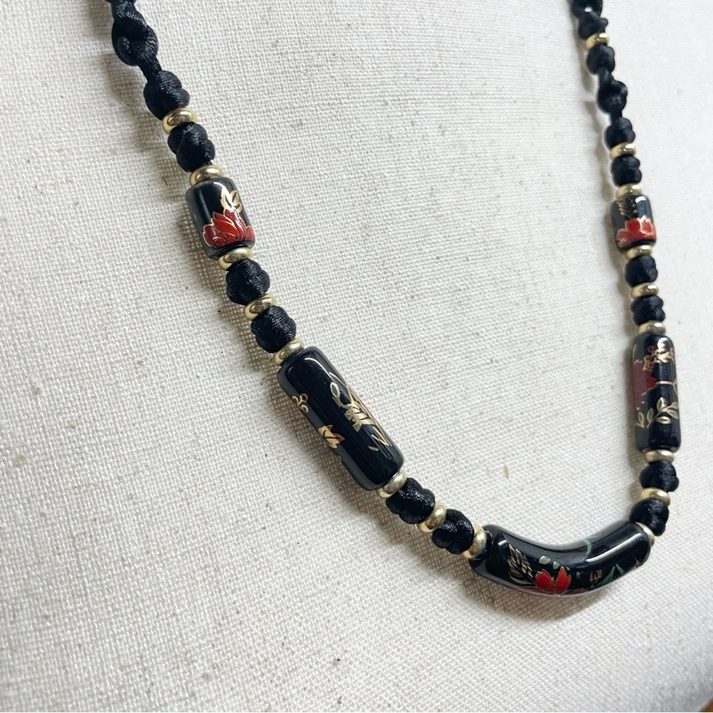 Vintage Black Floral Ceramic Bead Cord Necklace‎ Witchy Goth Romantic